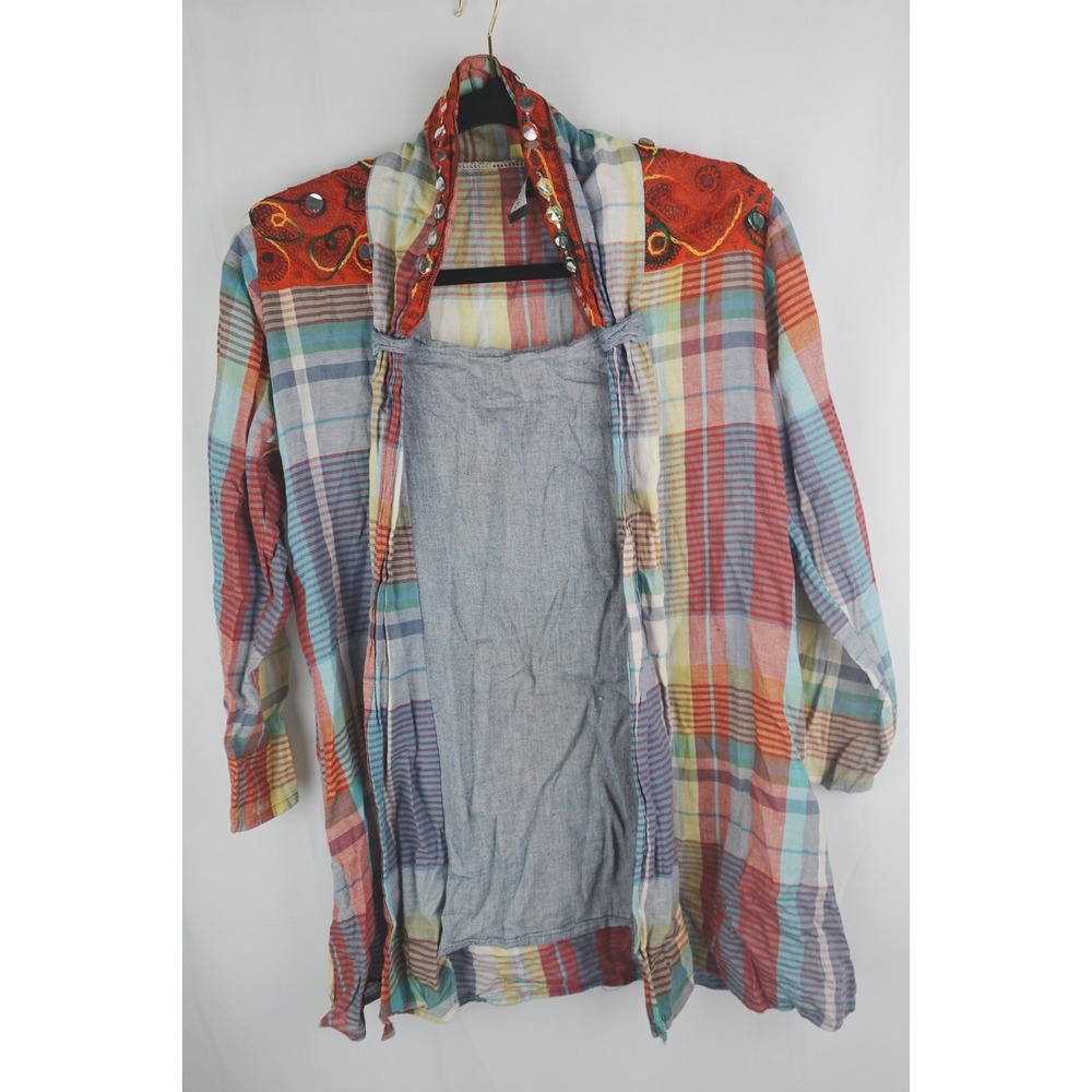 Ayyabees Boho‎ Jacket S Patchwork Plaid Bead Mirror Collar Festival India Duster